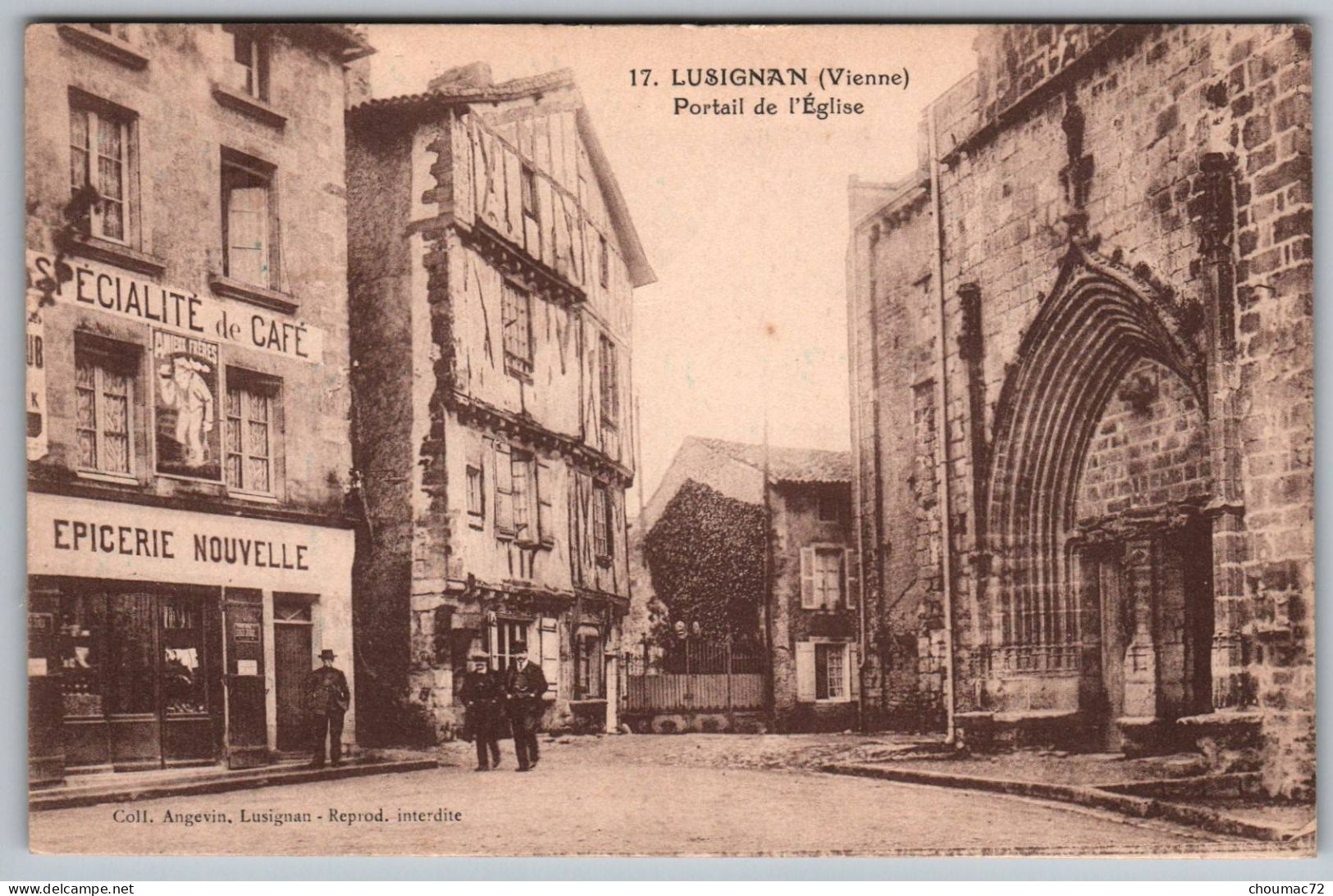 (86) 595, Lusignan, Coll Angevin 17 Sépia, Portail De L'Eglise, Epicerie Nouvelle, état ! - Lusignan