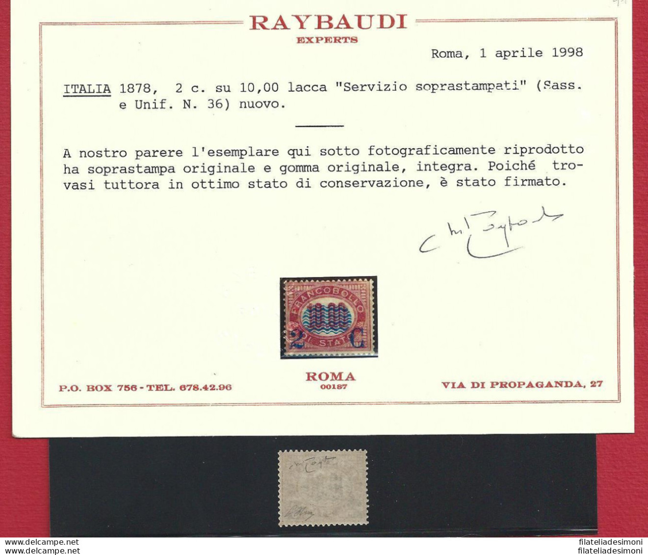 1878 Italia, N. 36 Servizio Sovrastampato  MNH** Certificato Raybaudi - Otros & Sin Clasificación