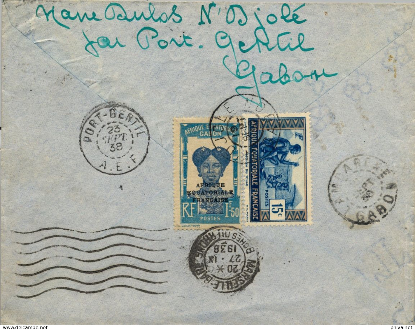 1938 , GABÓN , N'DJOLE - PARIS , RECIRCULADO , CORREO AÉREO , TRÁNSITO PORT GENTIL , LAMBARÉNÉ , MARSELLA - Covers & Documents