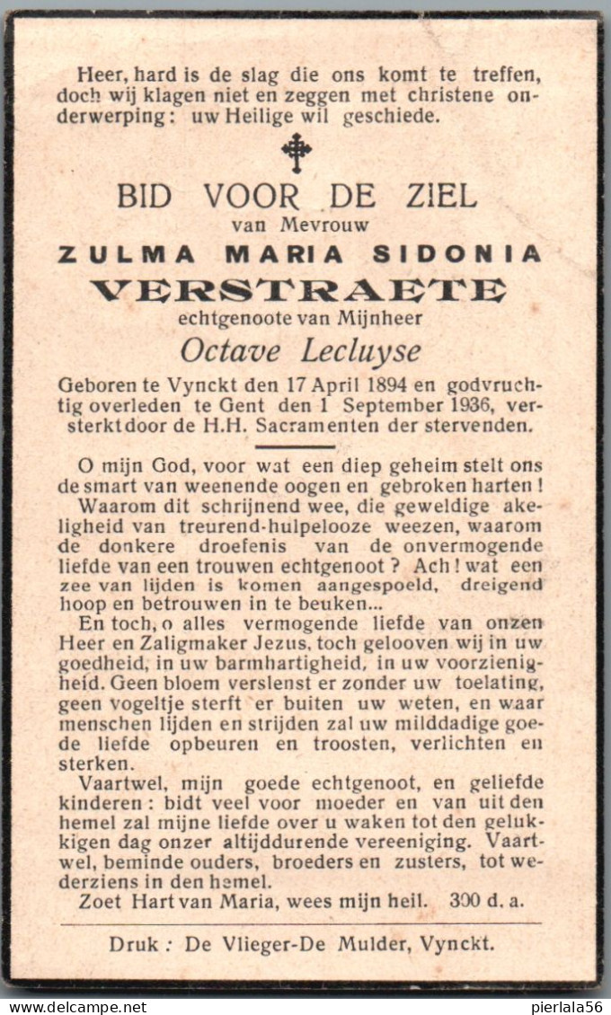 Bidprentje Vinkt - Verstraete Zulma Maria Sidonia (1894-1936) - Andachtsbilder