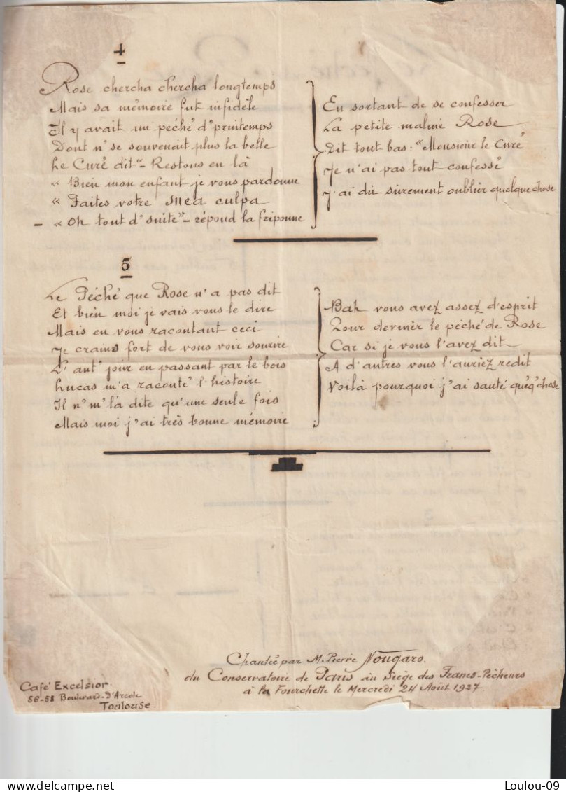 Toulouse -1927-café Excelsior-chanson Chantée Par Pierre Nougaro,père De Claudebpour Un Festin Des Francs-Pêcheurs - Manuscrits