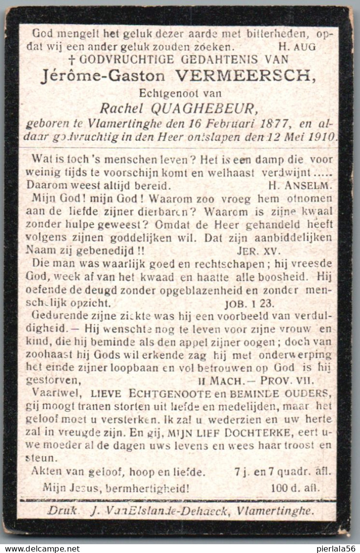 Bidprentje Vlamertinge - Vermeersch Jérôme (1877-1910) - Images Religieuses