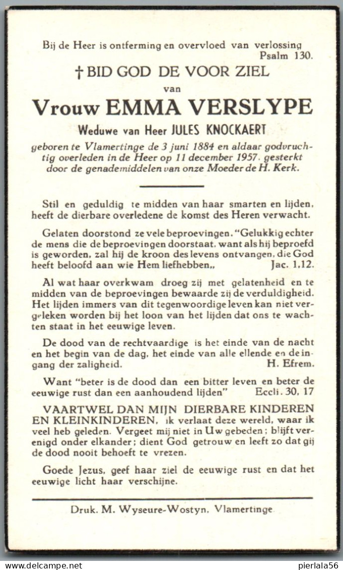 Bidprentje Vlamertinge - Verslype Emma (1884-1957) - Images Religieuses