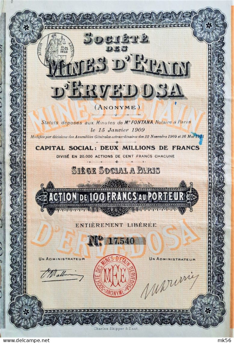 Société Des Mines D'Etain D'Ervedosa - 1909 - Paris - Mines