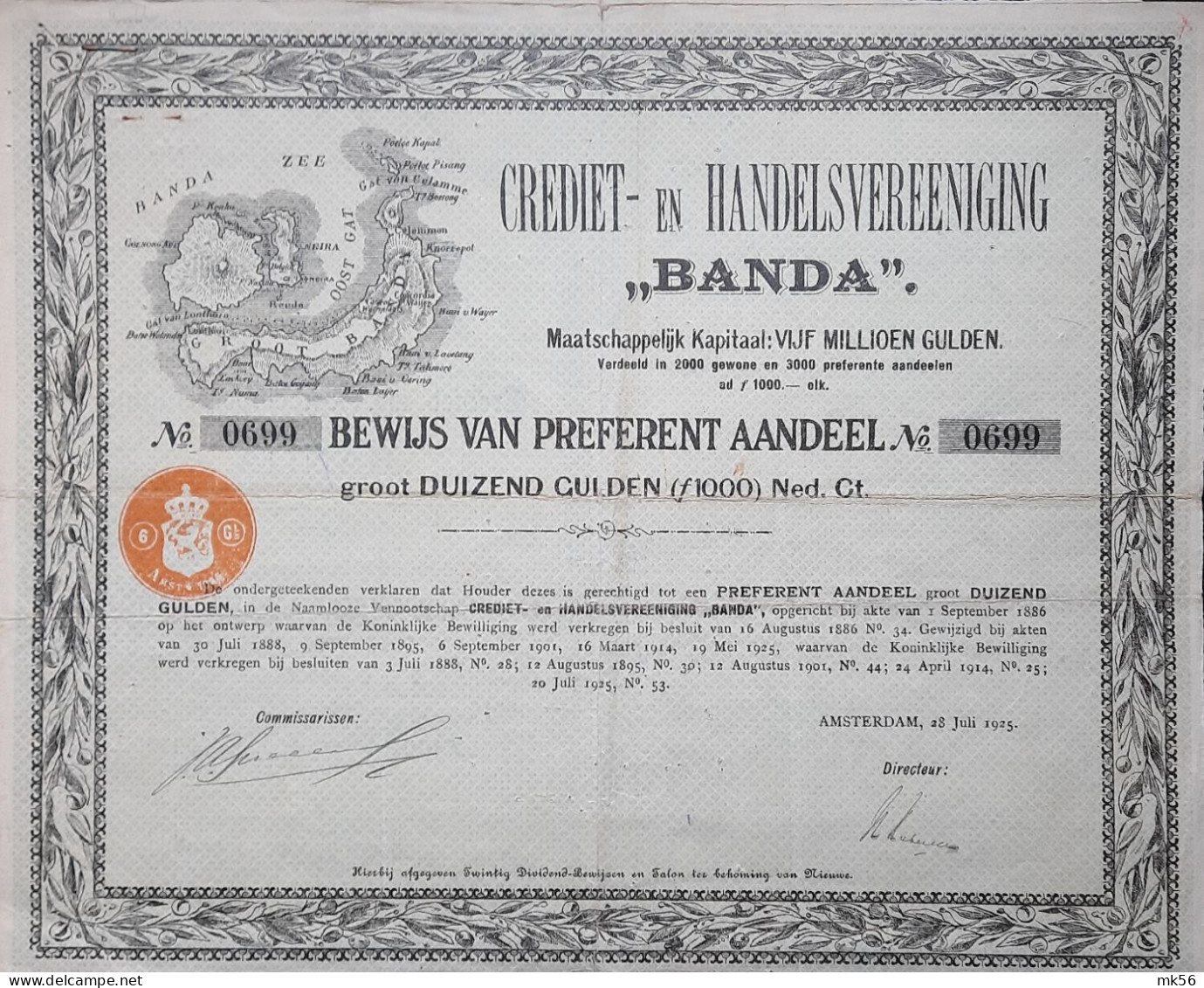 Crediet En Handelsvereeniging "Banda" - Bewijs Van Preferent Aandeel 1000 Gulden (1925) (Amsterdam) - Other & Unclassified