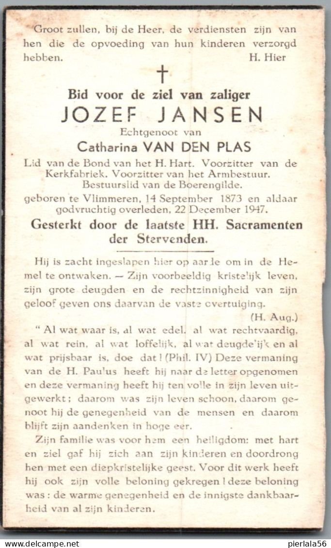 Bidprentje Vlimmeren - Jansen Jozef (1873-1947) - Images Religieuses