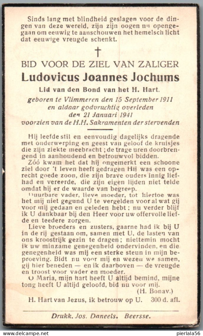 Bidprentje Vlimmeren - Jochums Ludovicus Joannes (1911-1941) - Images Religieuses