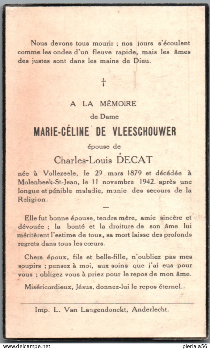 Bidprentje Vollezele - De Vleeschouwer Marie Céline (1879-1942) - Images Religieuses