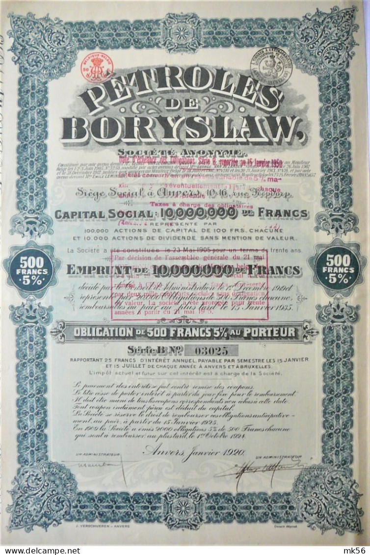 Pétroles De Boryslaw - Obl De 500 Fr à 5% Au Porteur -1920 - Erdöl