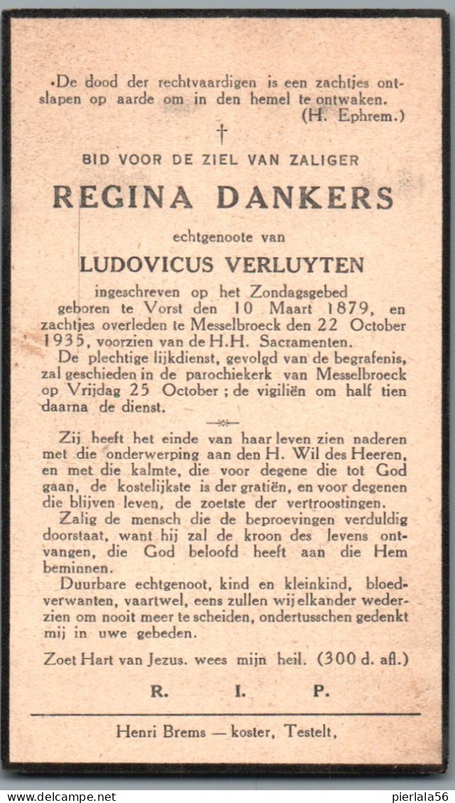 Bidprentje Vorst - Dankers Regina (1879-1935) - Images Religieuses