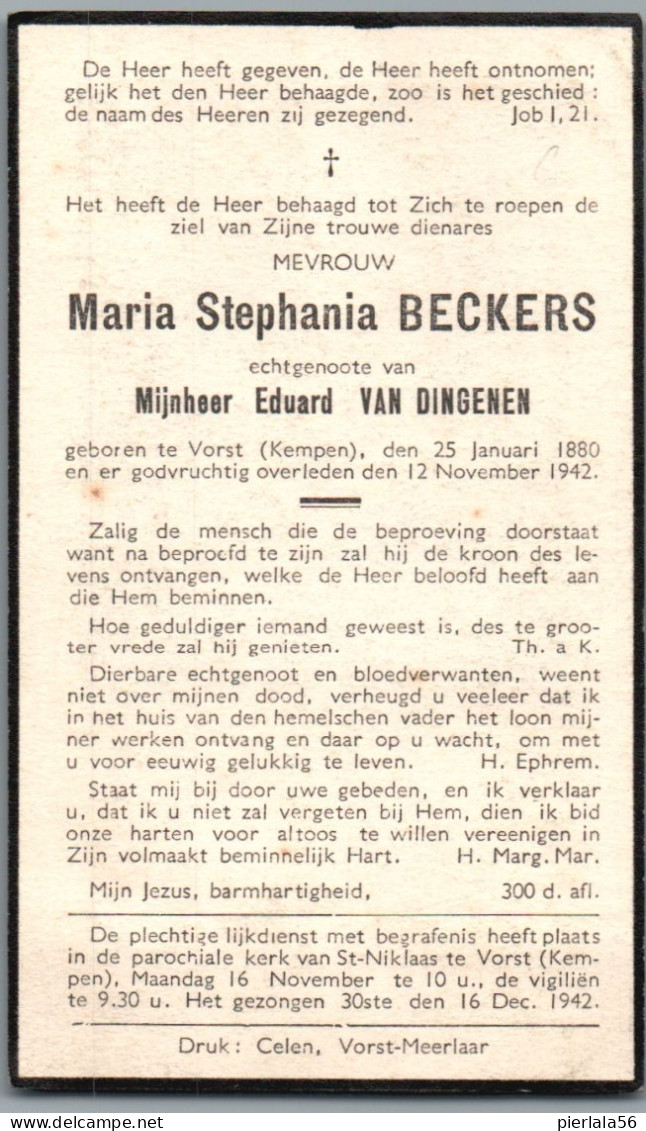 Bidprentje Vorst-Kempen - Beckers Maria Stephania (1880-1942) - Images Religieuses