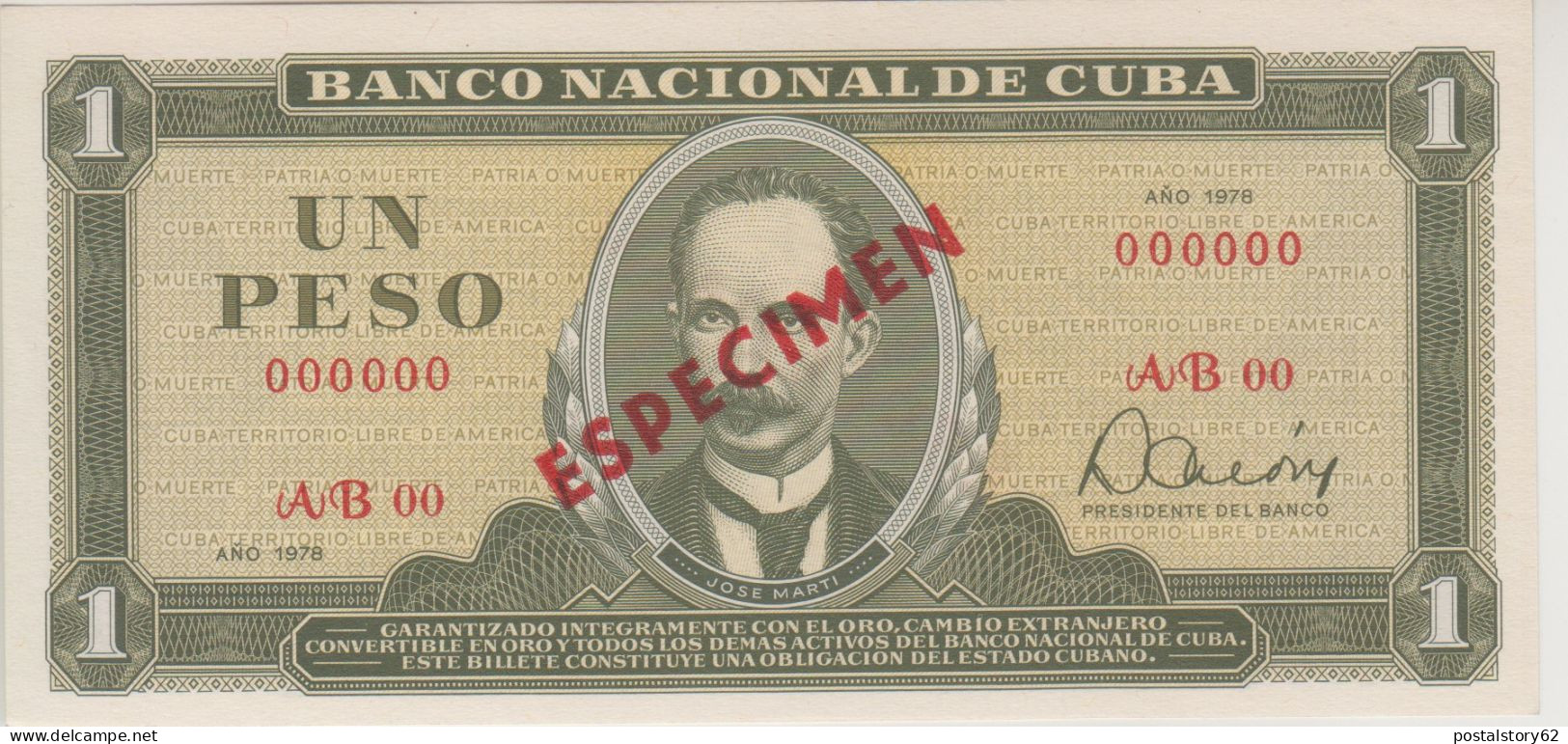 Banco Nacional De Cuba, Un Peso 1978 Specimen Pick# 102 S  FDS - Kuba