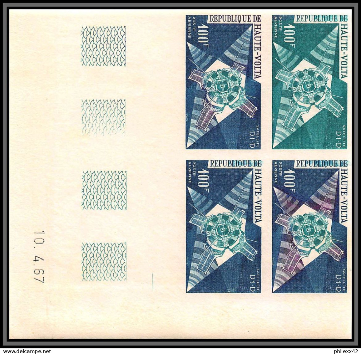 0767/ Haute-Volta Bloc 4 Coin Daté PA N°39 Satellite D1-d Essai (proof) Non Dentelé Imperf Espace (space) ** MNH  - Africa