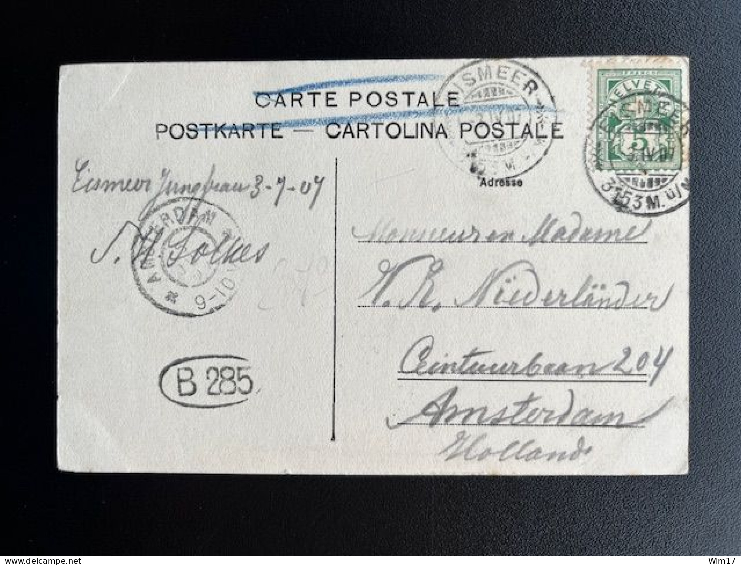 SWITZERLAND 1907 POSTCARD EISMEER TO AMSTERDAM 03-04-1907 ZWITSERLAND SUISSE SCHWEIZ - Lettres & Documents