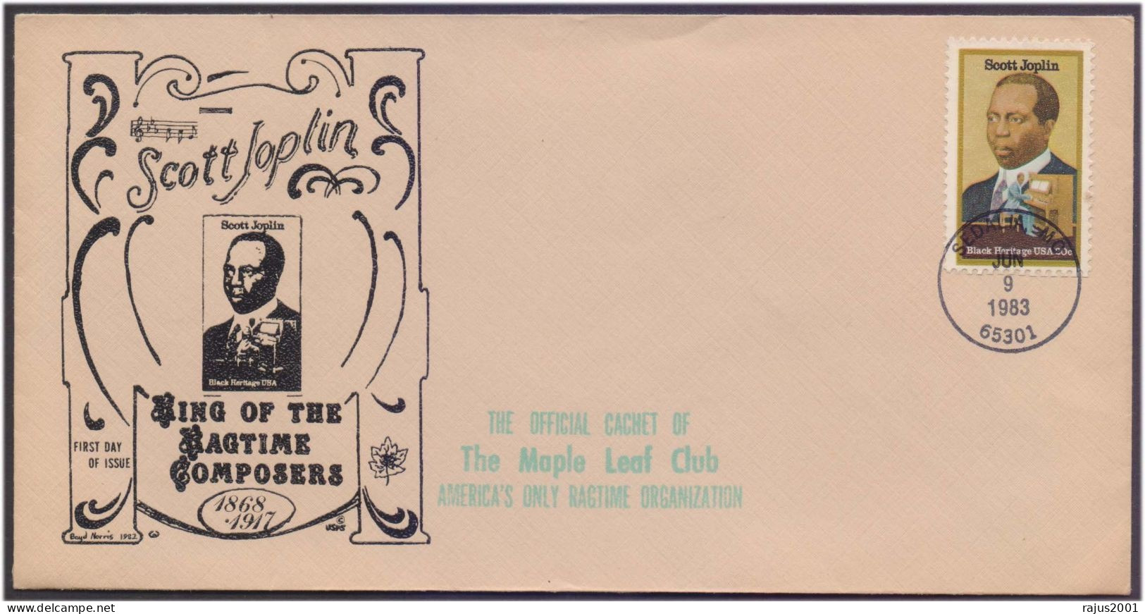 Scott Joplin American Composer & Pianist, King Of Ragtime, Official Cachet Of The Maple Leaf Club, Music, Instrument FDC - Muziek