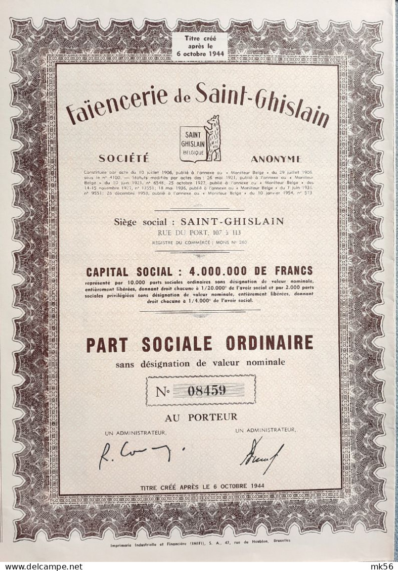 Faïencerie De Saint-Ghislain - Part Sociale Ordinaire - 1954 - Industrial