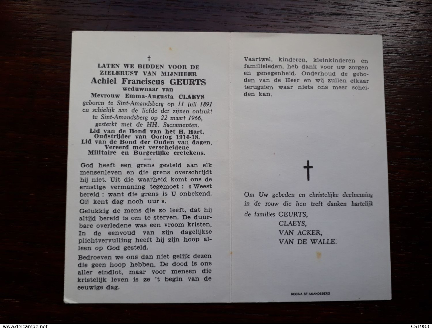 Achiel Franciscus Geurts ° Sint-Amandsberg 1891 + Sint-Amandsberg 1966 X Emma Claeys (Fam: Van Acker - Van De Walle) - Décès