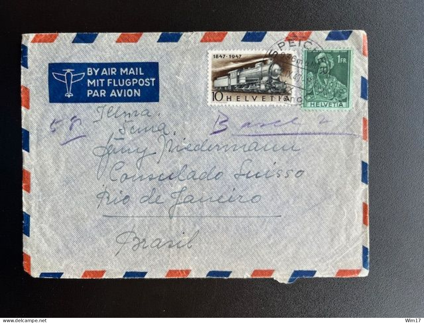 SWITZERLAND 1947 AIR MAIL LETTER SPEICHER TO RIO DE JANEIRO 02-09-1947 ZWITSERLAND SUISSE SCHWEIZ - Storia Postale