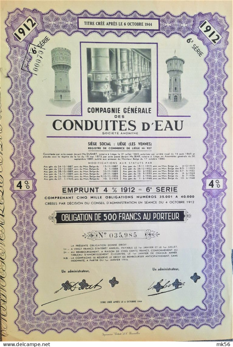 S.A. Des Conduites D'Eau - Liège (Les Vennes) - Obligation De 500 Fr Au Porteur - Eau