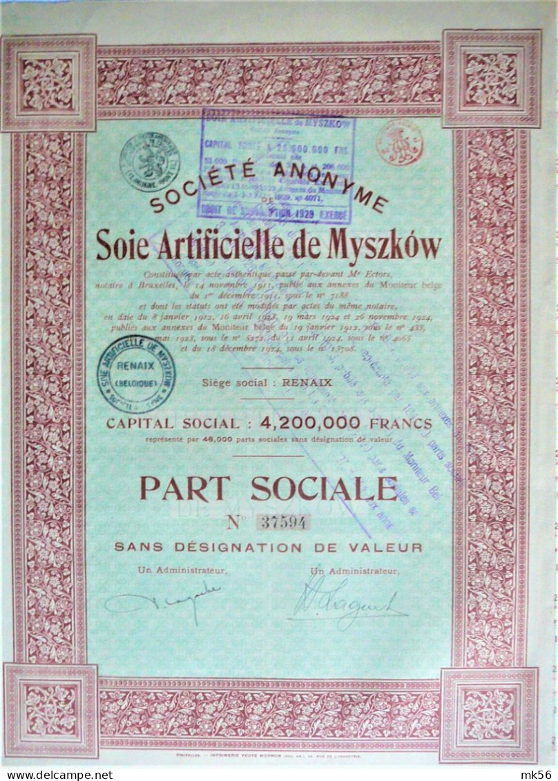 Soie Artificielle De Myszkow - Part Sociale (1924) - Renaix - Textil