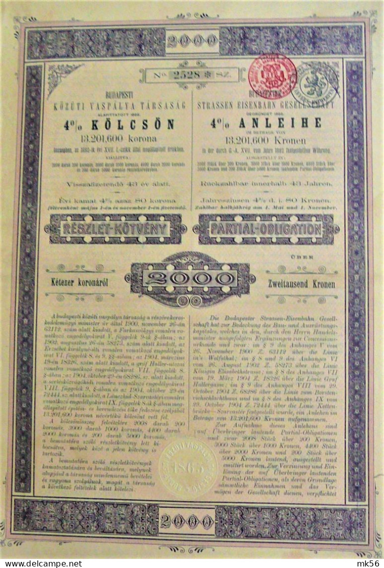 Budapester Strassen-Eisenb.Ges.- 4% Priorit.anl. 2000 Kron (1905) - Railway & Tramway