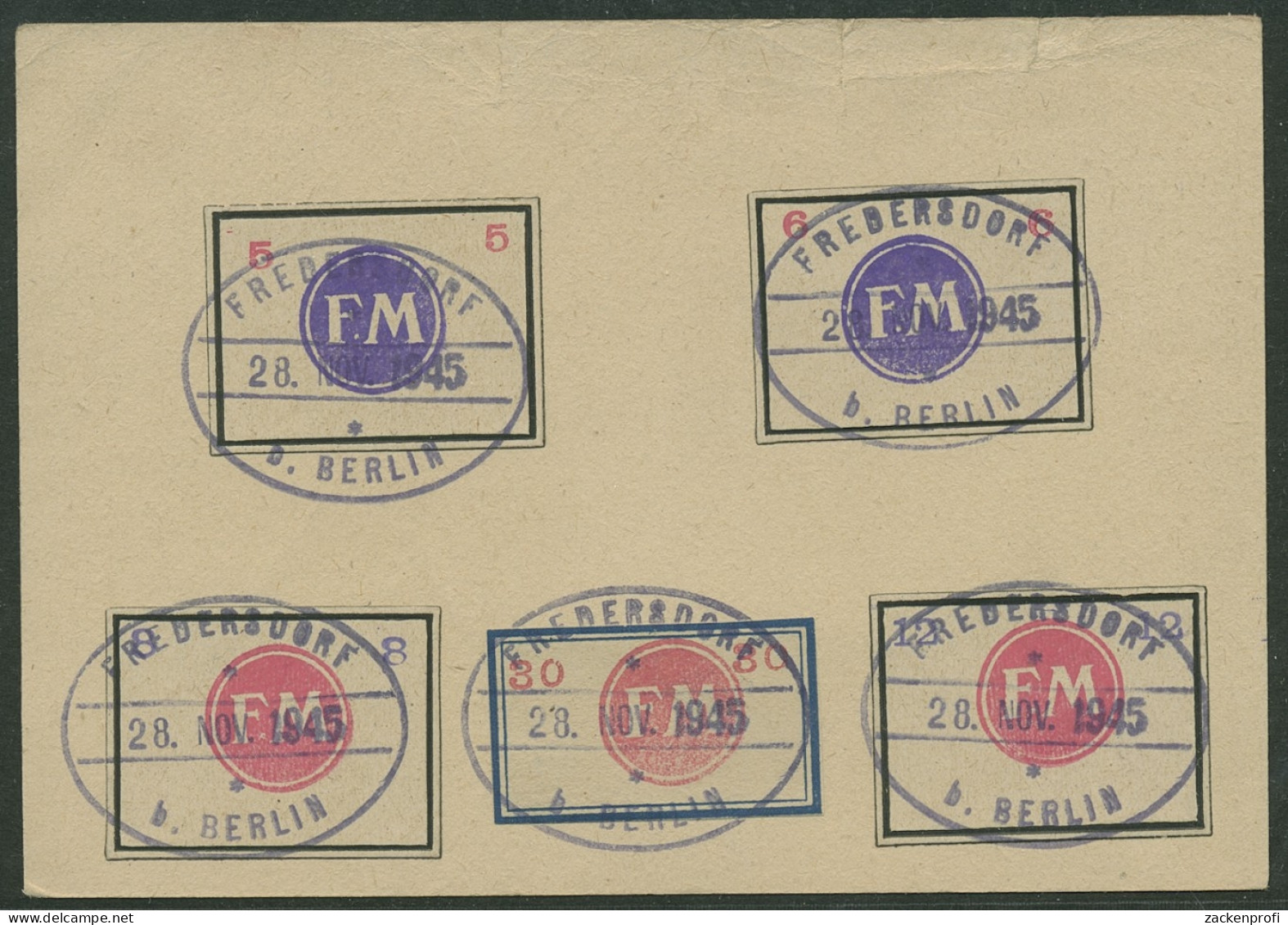 Fredersdorf 1945 Behelfsmarken Sp 246/49 + Sp 255 Gestempelt Auf Karte - Autres & Non Classés