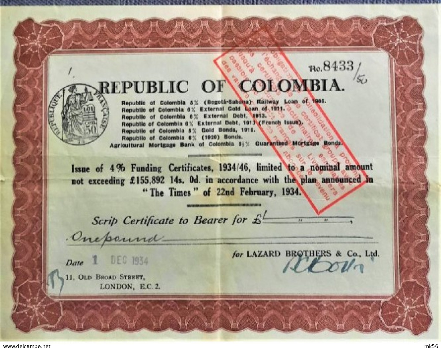 Republic Of Colombia - Interest Certificate - Lazard Brothers - 1934 - Banque & Assurance