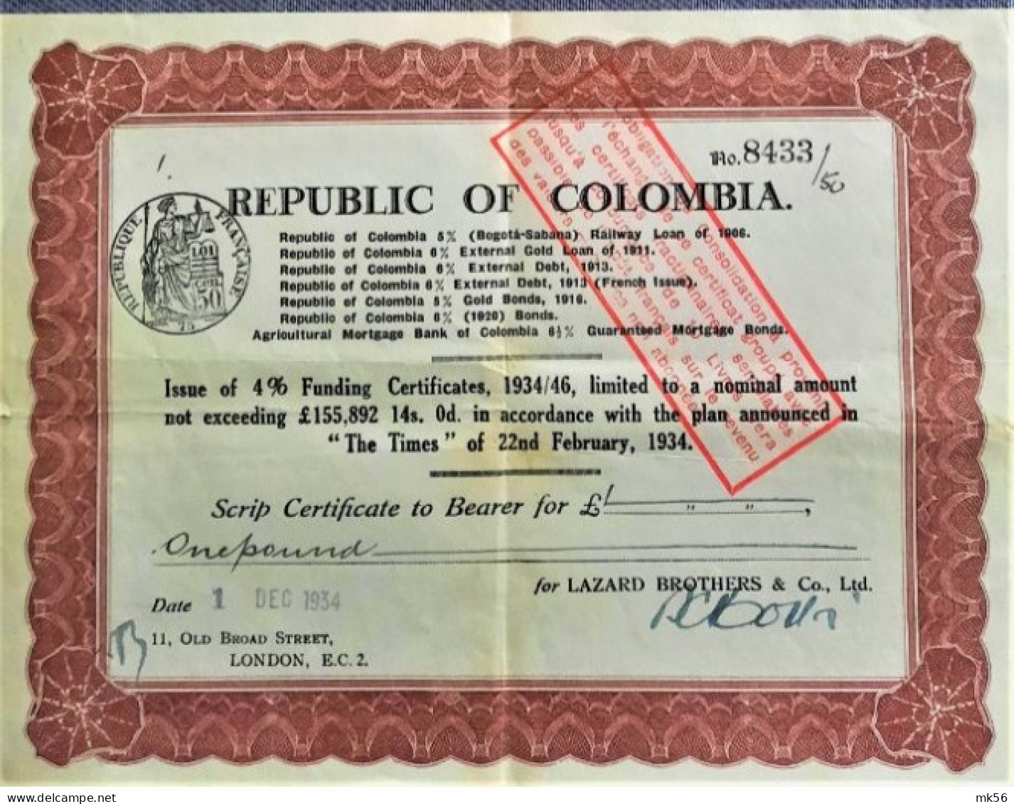 Republic Of Colombia - Interest Certificate - Lazard Brothers - 1934 - Banca & Assicurazione