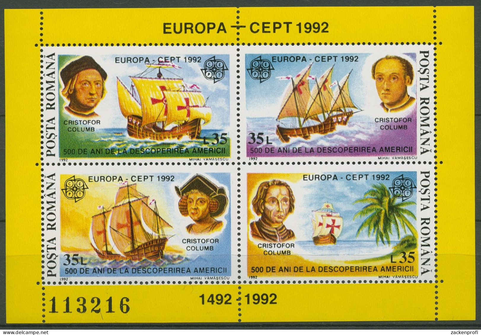 Rumänien 1992 EUROPA CEPT Chr.Kolumbus Amerika Block 271 Postfrisch (C92225) - Hojas Bloque