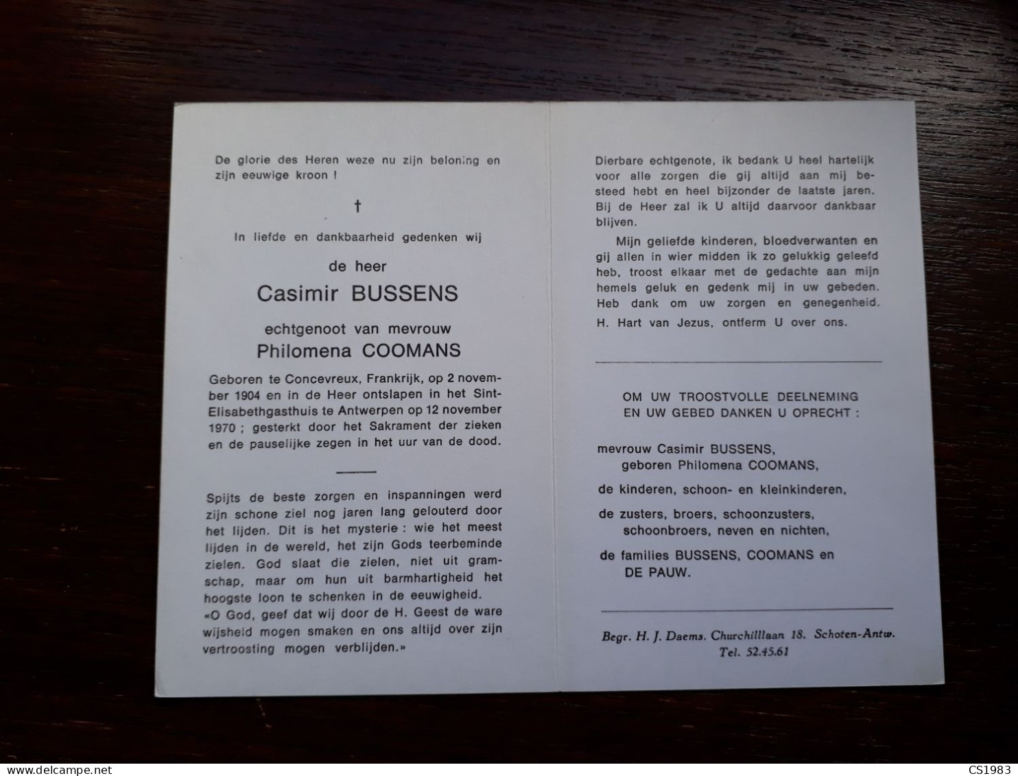 Casimir Bussens ° Concevreux (Frankrijk) 1904 + Antwerpen 1970 X Philomena Coomans (Fam: De Pauw) - Décès