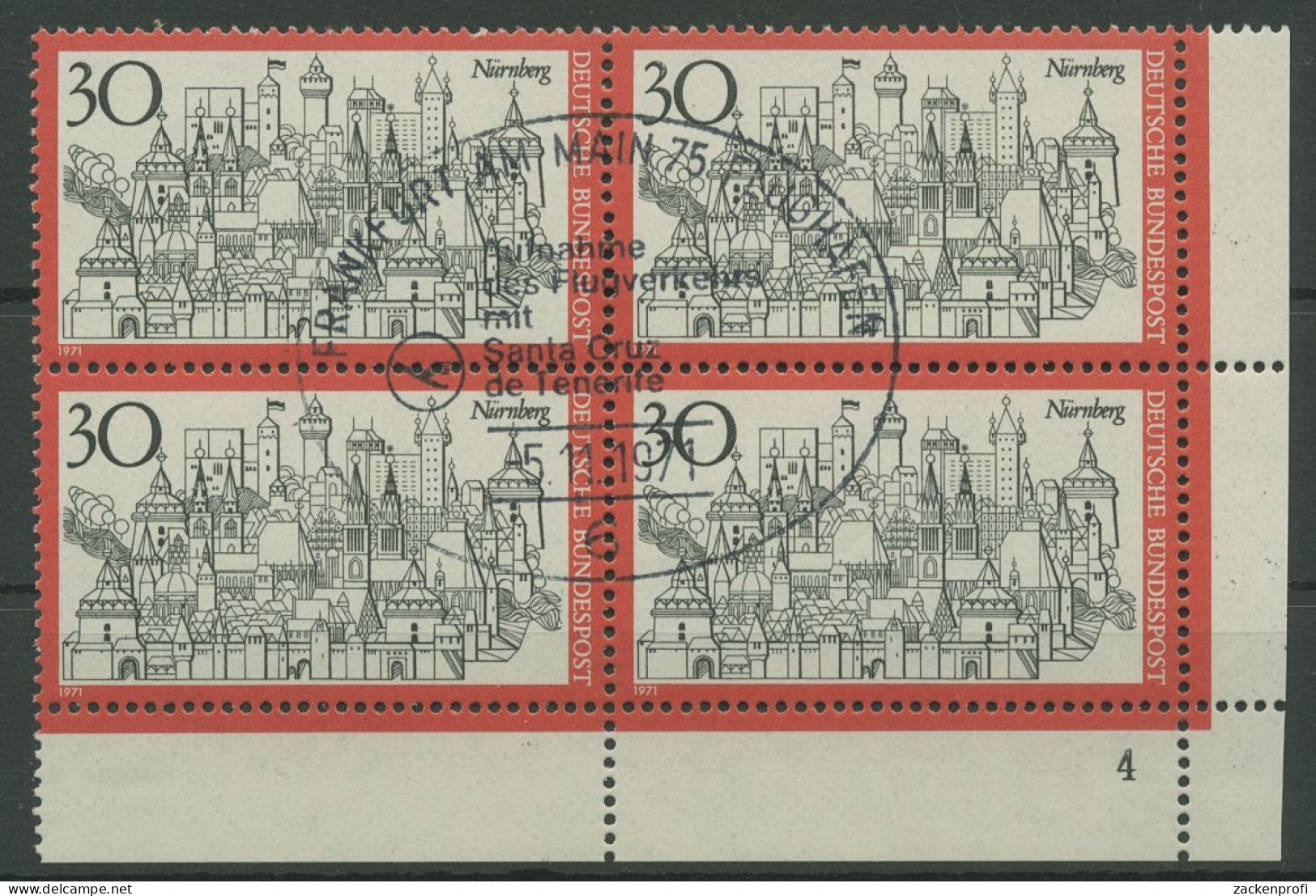 Bund 1971 Fremdenverkehr Nürnberg 678 4er-Block Ecke 4 FN 4 Gestempelt (R19920) - Used Stamps