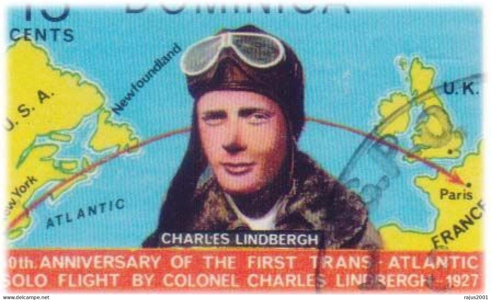 Charles Lindbergh Makes First Solo Transatlantic Flight, Aeroplane, Aviation Map, Spirit Of St. Louis Plane Dominica FDC - Flugzeuge