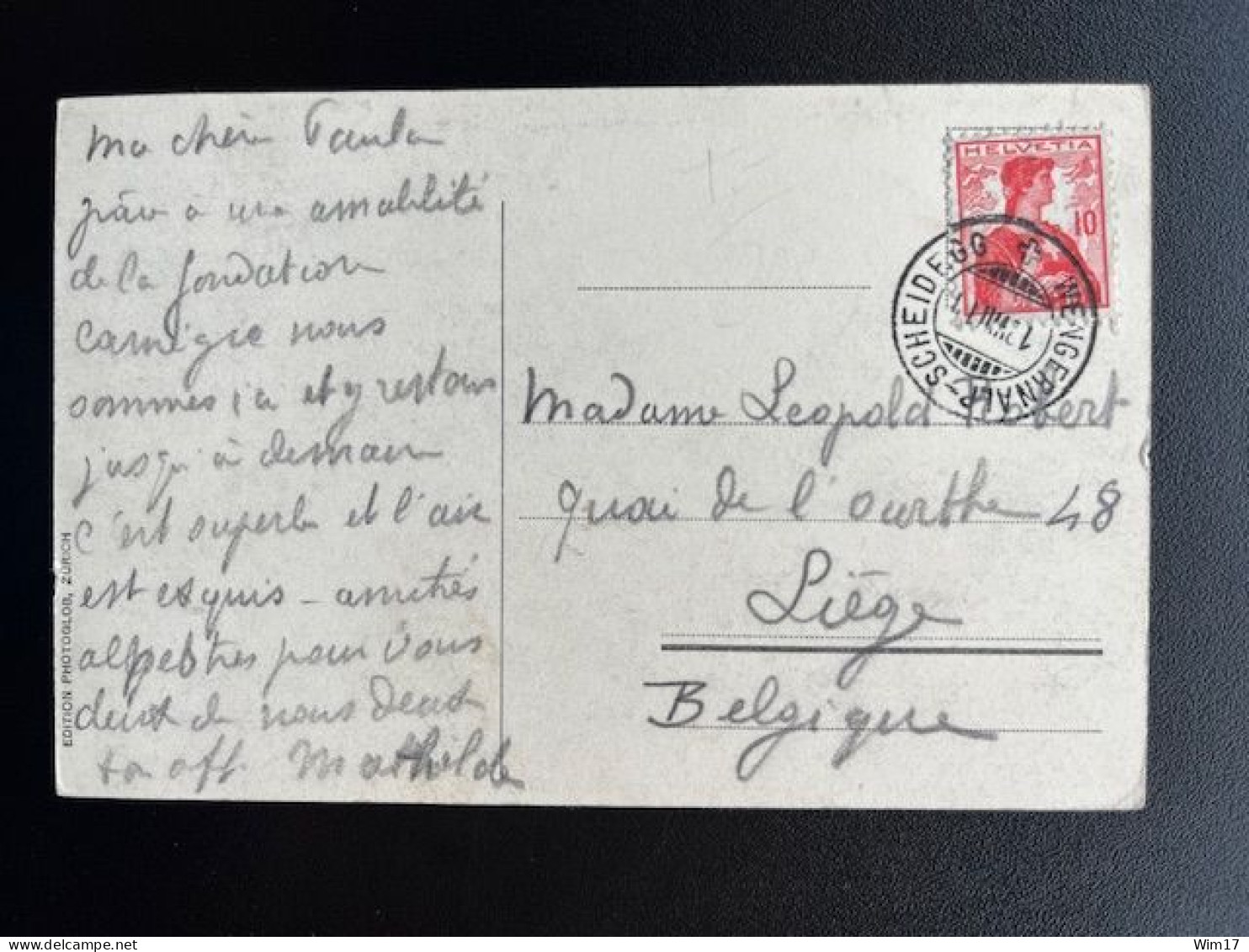 SWITZERLAND 1911 POSTCARD WENGERNALP SCHEIDEGG TO LIEGE LUIK 12-08-1911 ZWITSERLAND SUISSE SCHWEIZ - Briefe U. Dokumente