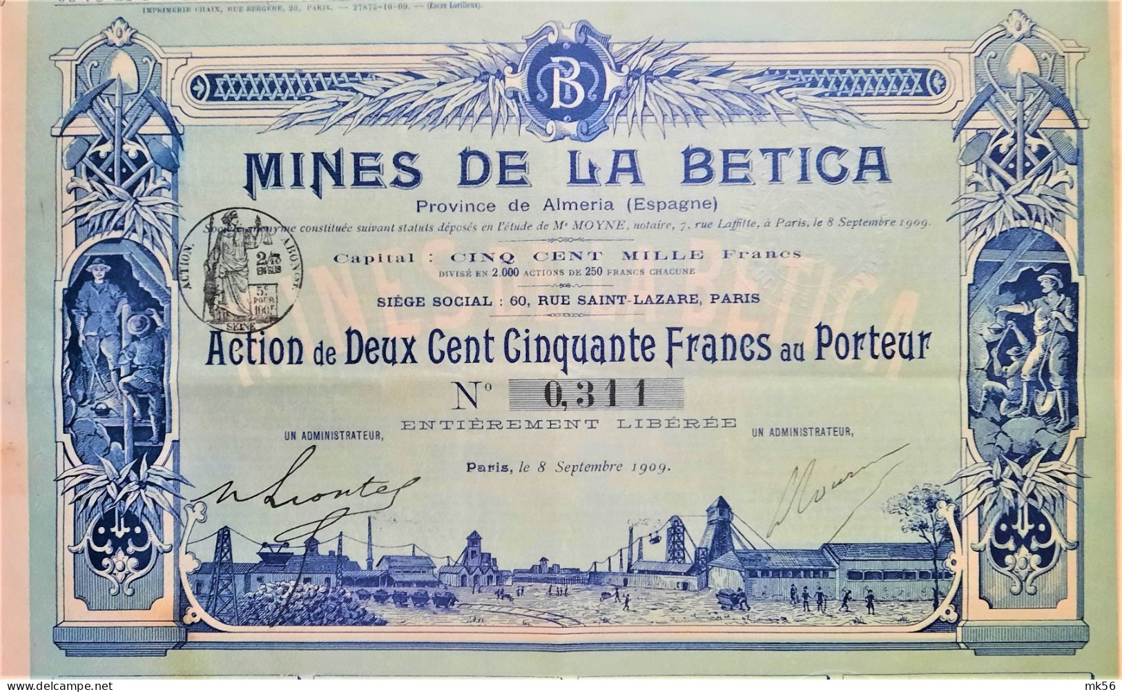 Mines De La Betica - Province De Almeria - Action De 250 Francs - 1909 - Deco ! - Mineral