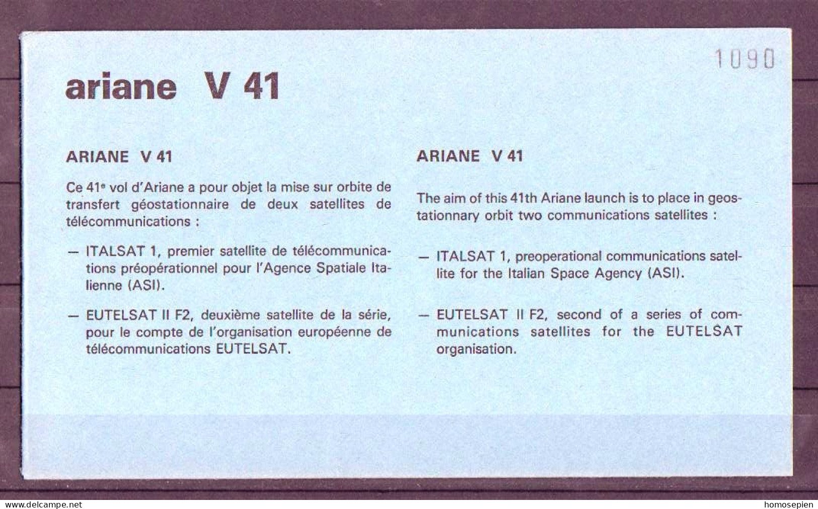 Espace 1991 01 16 - CNES - Ariane V41 - Pochette Complète - Europa