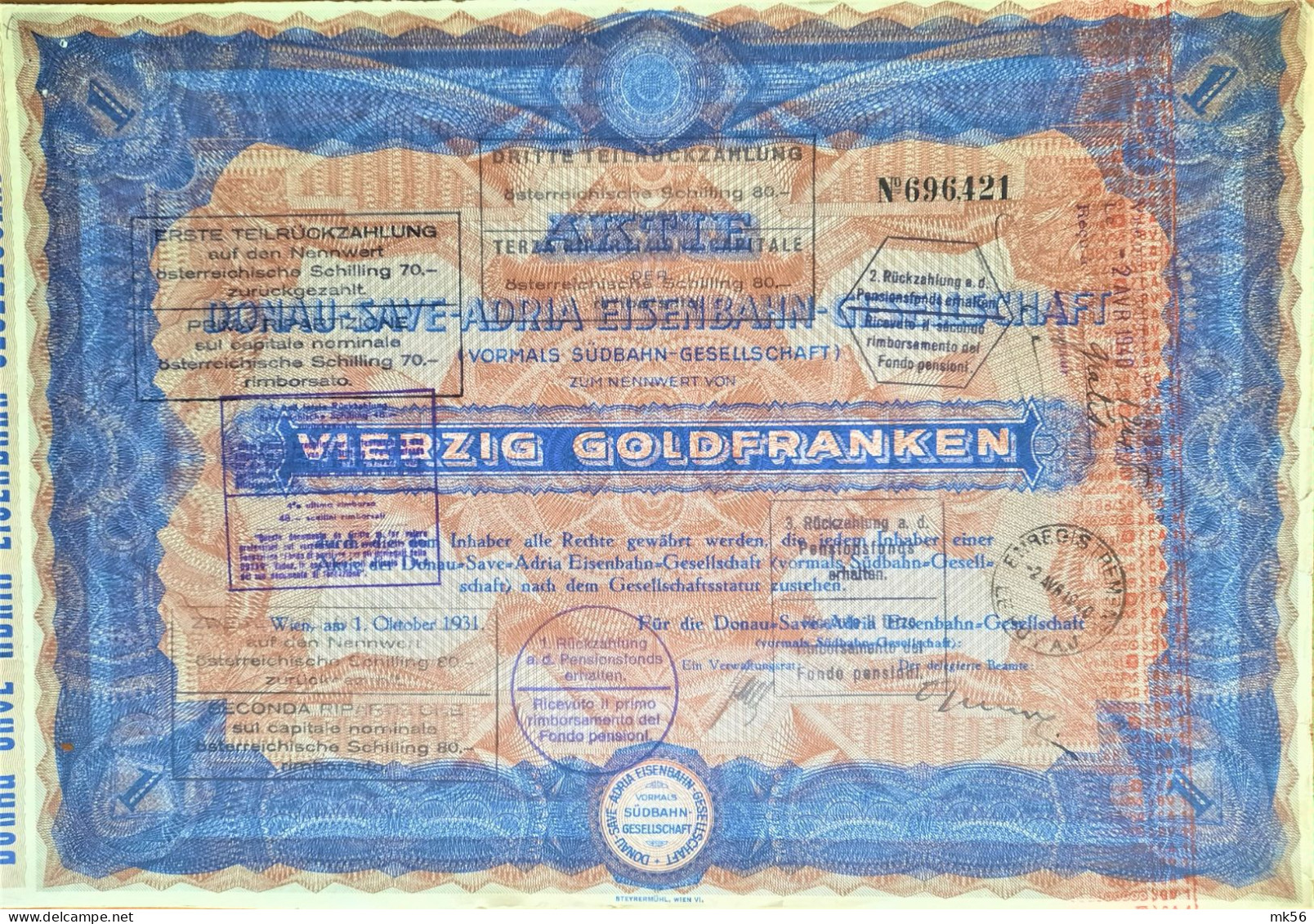 Donau-Save-Adria Eisenbahn - Vierzig Goldfranken - Wien - 1931 (unieke Kleuren !) - Railway & Tramway