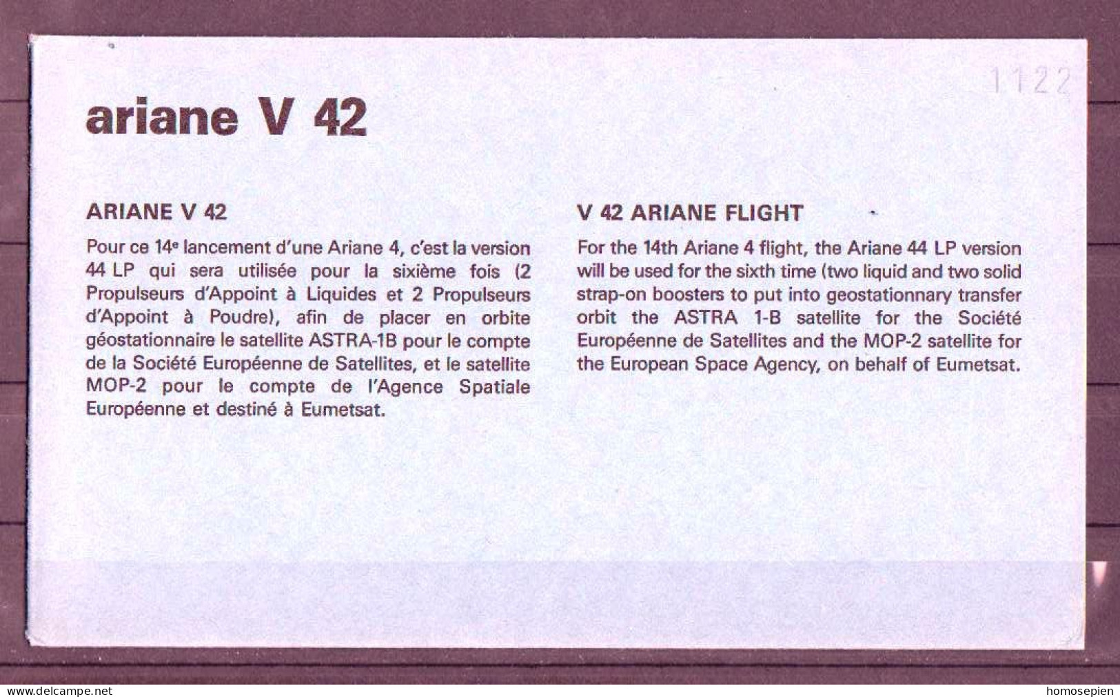 Espace 1991 03 03 - CNES - Ariane V42 - Pochette Complète - Europe