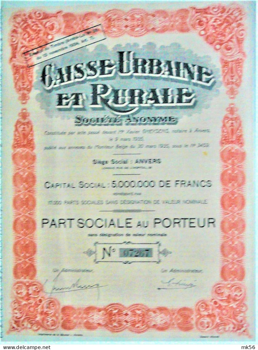 S.A. Caisse Urbaine Et Rurale - Part Soc. Au Port. (1935) - Bank En Verzekering