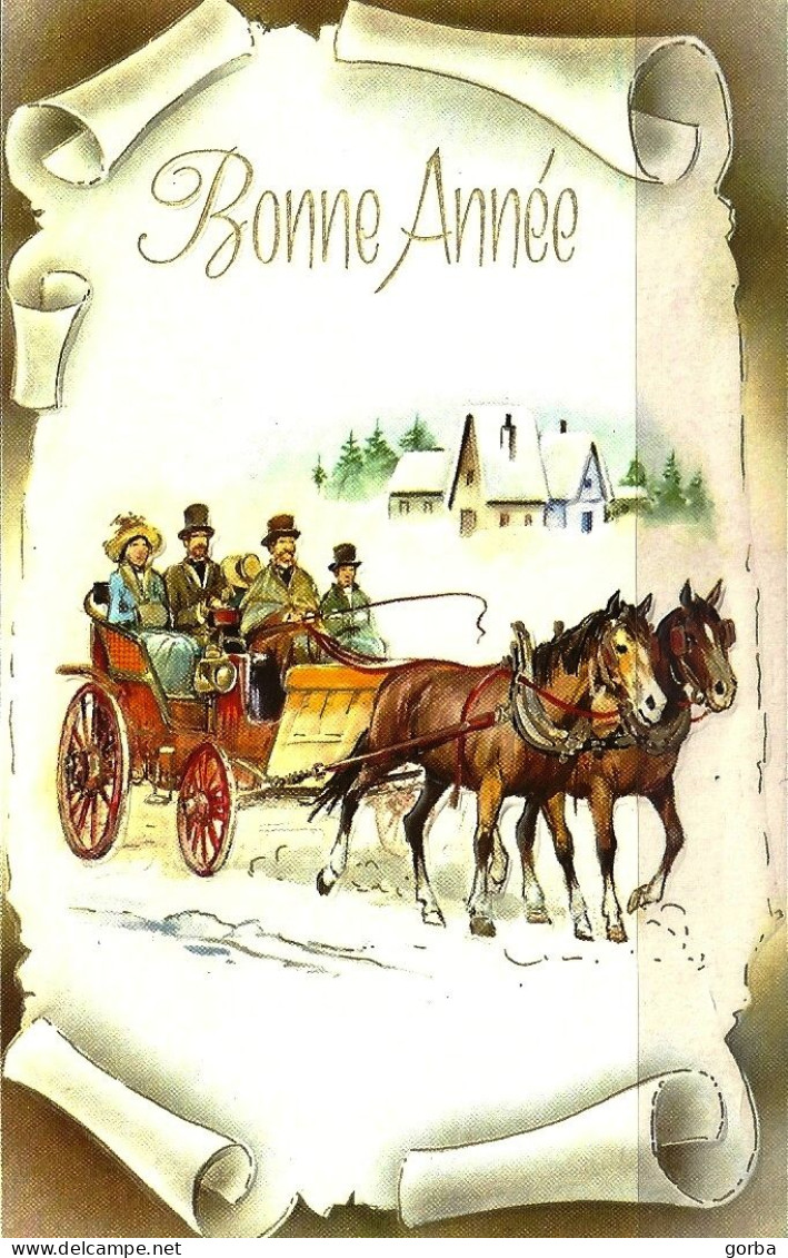 *CPM   Gauffrée - Bonne  Année - Attelage De Chevaux - Nouvel An