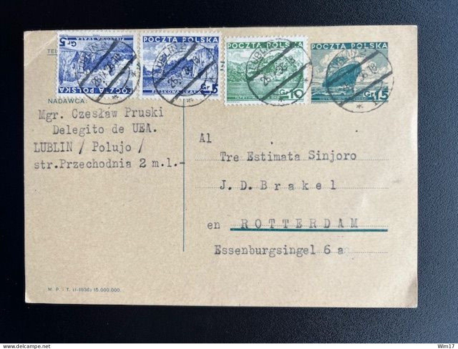 POLAND POLSKA 1936 POSTCARD LUBLIN TO ROTTERDAM 26-09-1936 POLEN ESPERANTO - Stamped Stationery