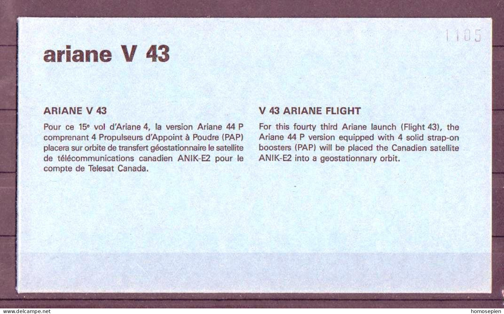 Espace 1991 04 05 - CNES - Ariane V43 - Pochette Complète - Europa