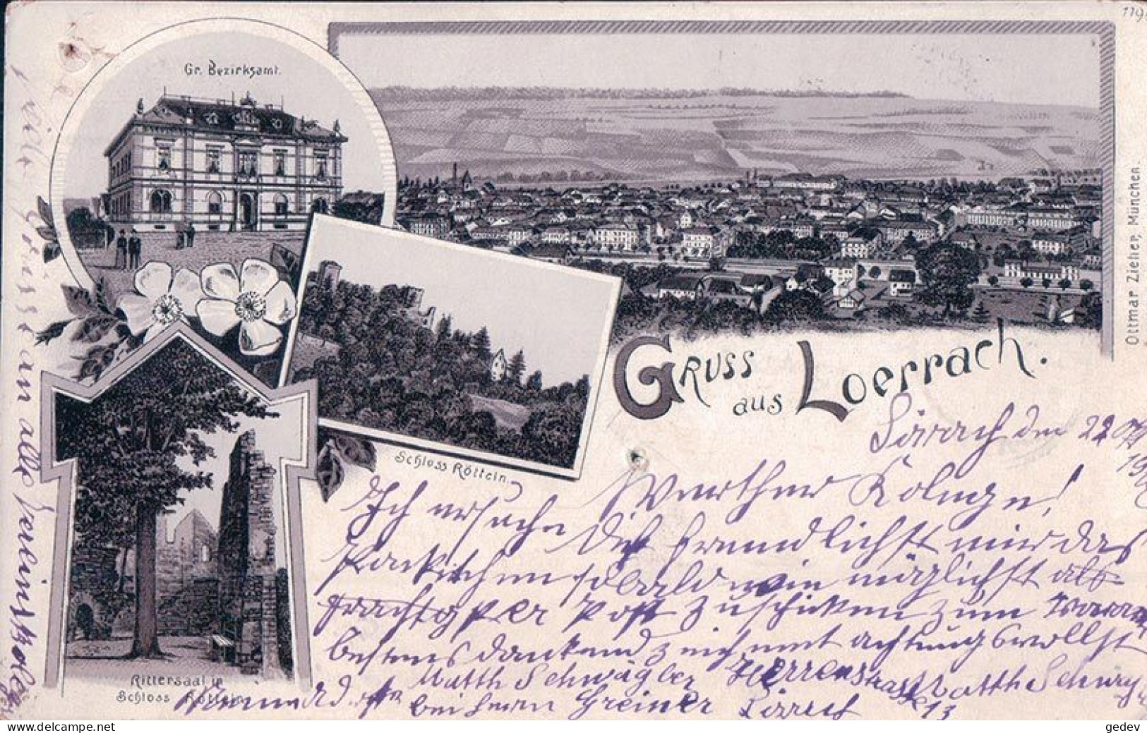 Allemagne, Grüss Aus Lörrach, Litho 4 Vues (22.10.1900) Trou D'épingle - Loerrach