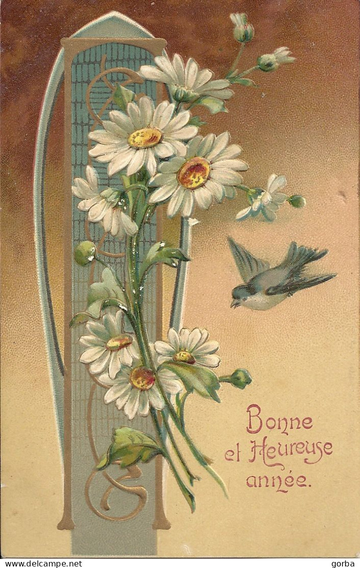 *CPA  Gaufrée Allemande (KOPAL) - S5 - Bonne Et Heureuse Année - Oiseau Et Fleurs - Nouvel An