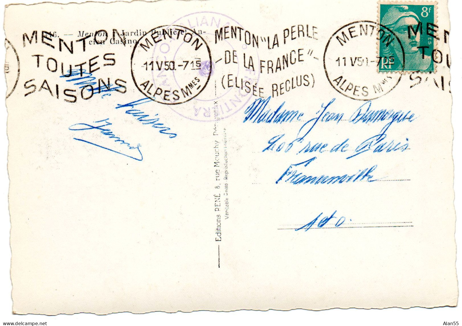 FRANCE.1950. "MENTON- LA PERLE DE LA FRANCE".8F "MARIANNE"seule Sur CP. - Sonstige & Ohne Zuordnung