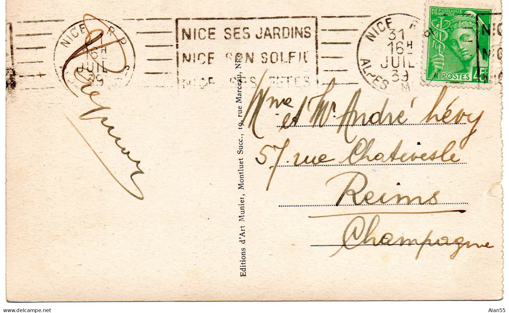 FRANCE.1939. "NICE, SES JARDINS,...".TYPE "MERCURE" Seul Sur C.P. - Autres & Non Classés