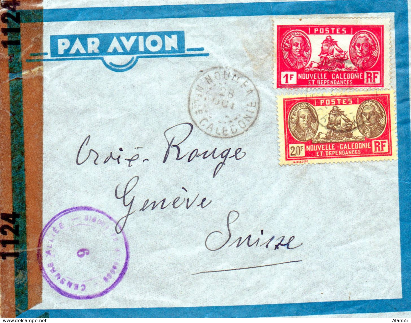 Nle CALEDONIE..1943.  COMITE CROIX-ROUGE FRANCAISE;CENSURE ALLIEE. - Red Cross