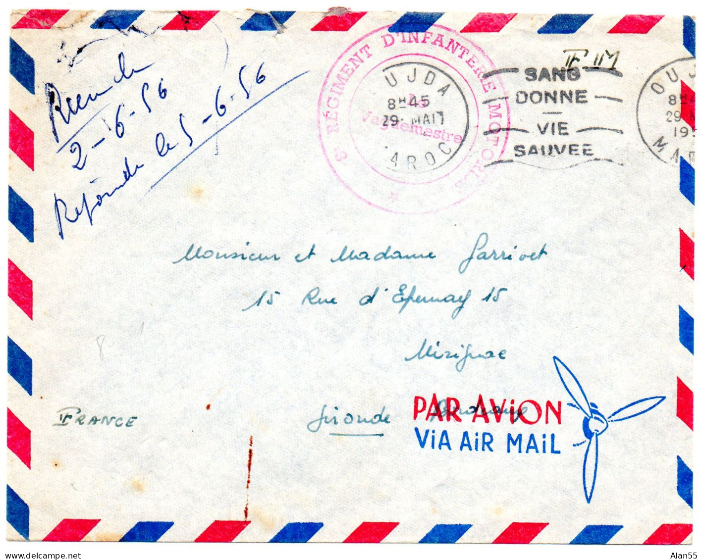 MAROC.1956. . "SANG DONNE-VIE SAUVEE".FRANCHISE MILITAIRE  Pour La France . - Medicina