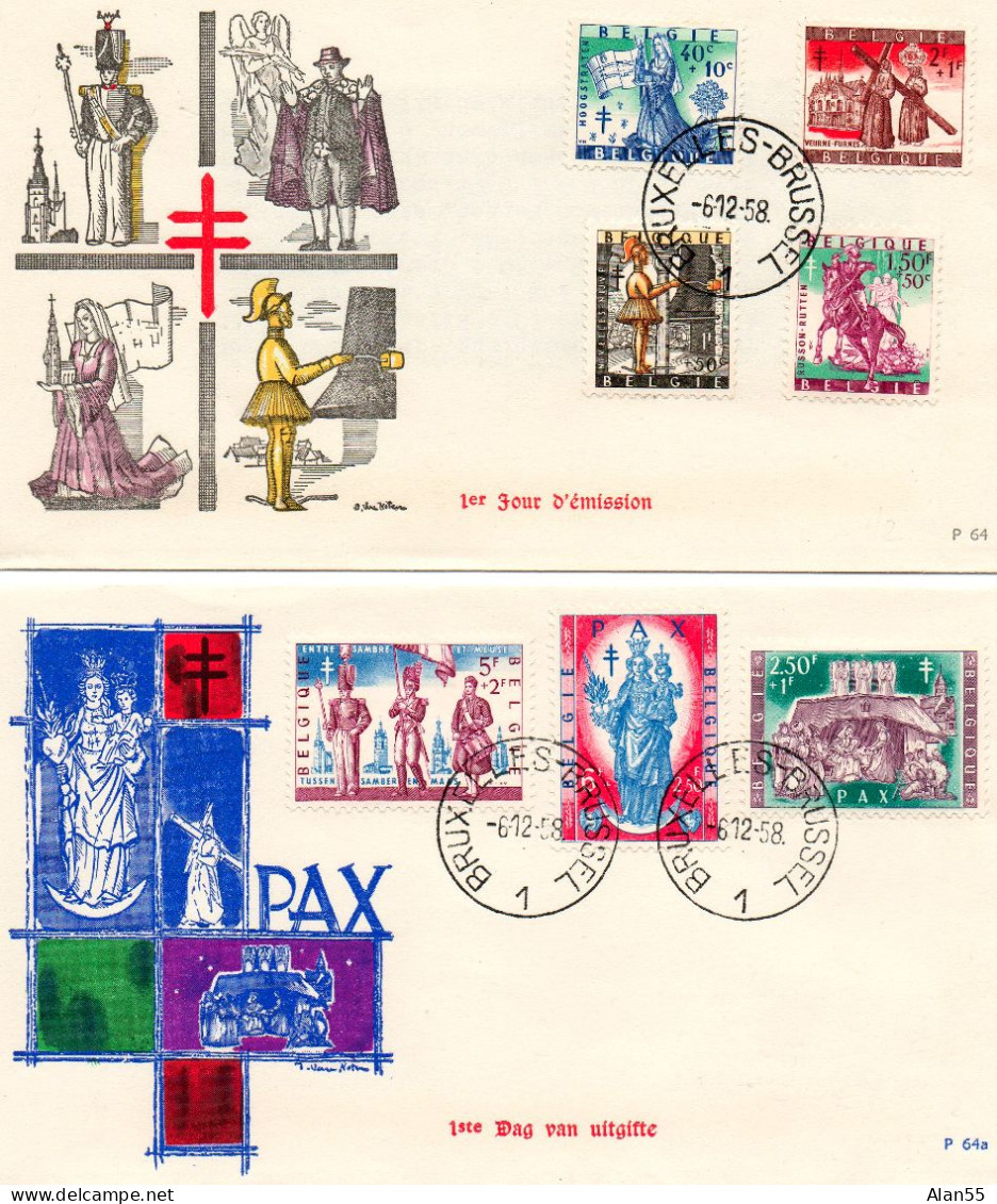 BELGIQUE.1958.  "AU PROFIT D'OEUVRES ANTITUBERCULEUSES". « PAX ».Y&T.1082-1088.DEUX FDC - Disease