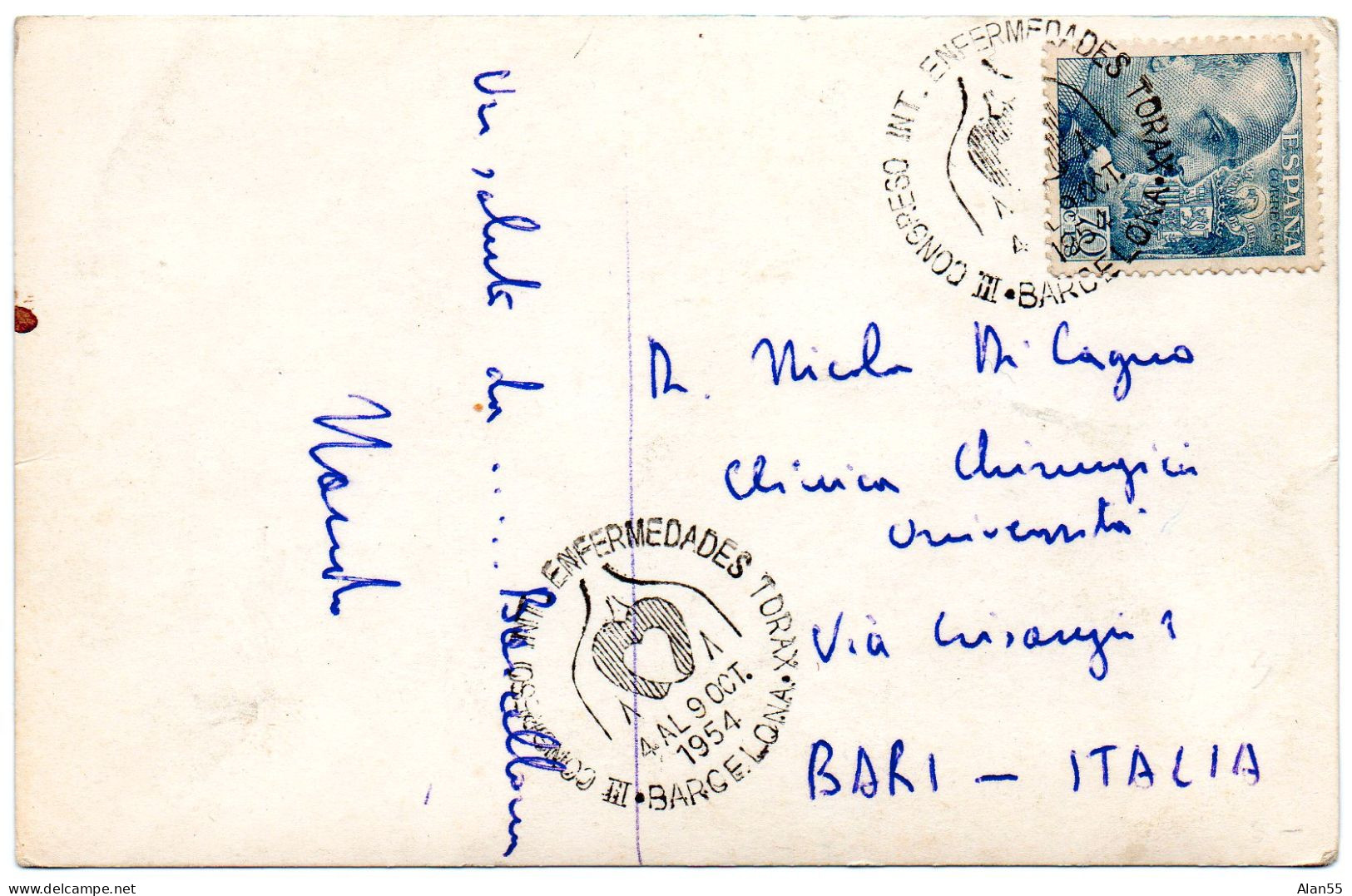 ESPAGNE.1954."3EME CONGRES  INT.DES MALADIES DU THORAX".CP Pour ITALIE. - Enfermedades