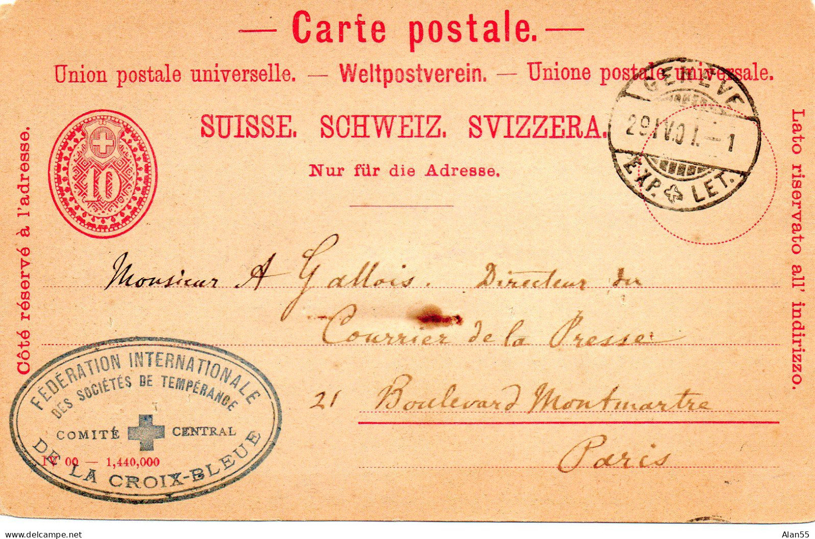 SUISSE.1901."... CROIX-BLEUE"..Entier Postal Pour La FRANCE - Entiers Postaux